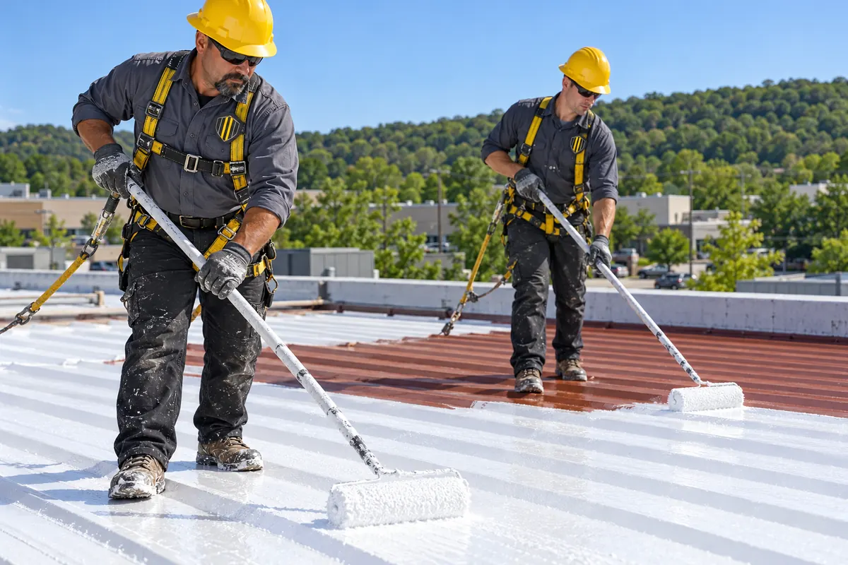 Two roofers in harnesses rolling white coating over a metal roof