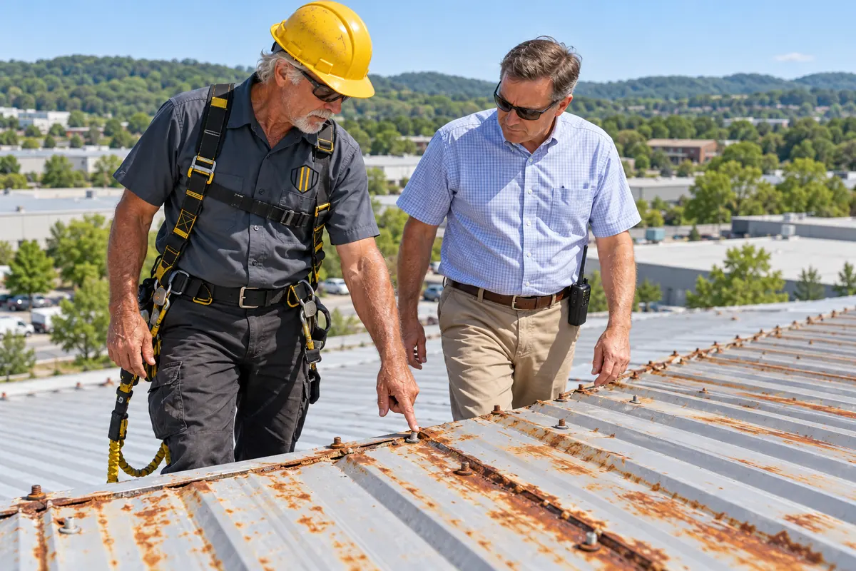 Roofer and building owner walking a rusted exposed-fastener metal roof