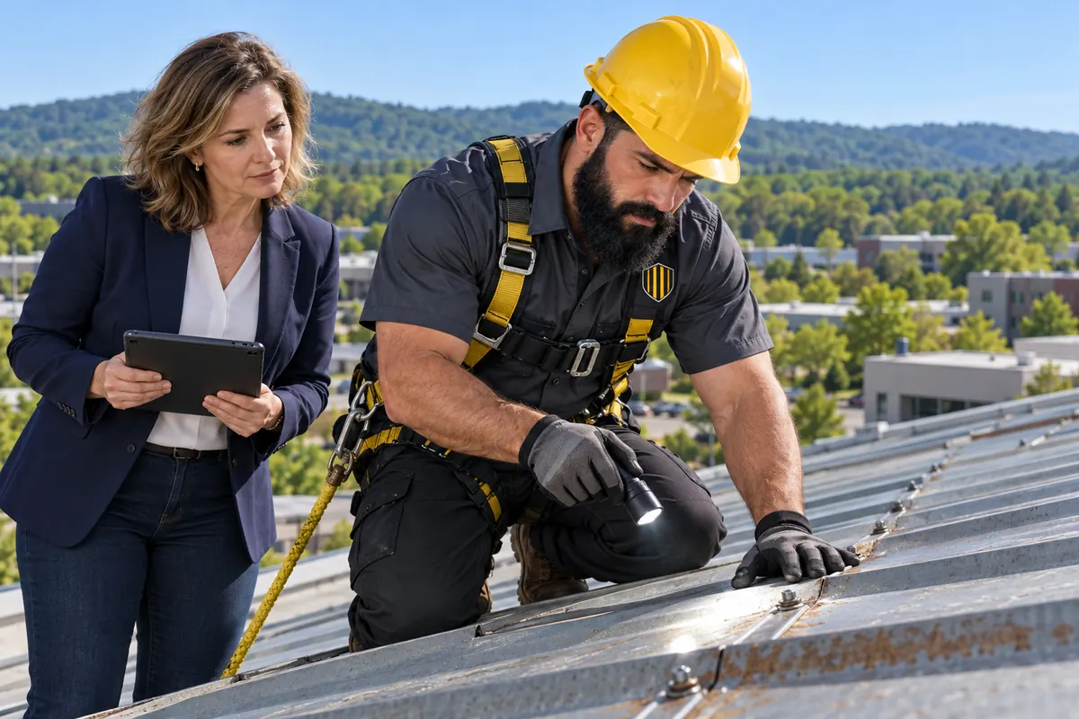 Roofer checking a metal panel lap with a flashlight while a property manager takes notes