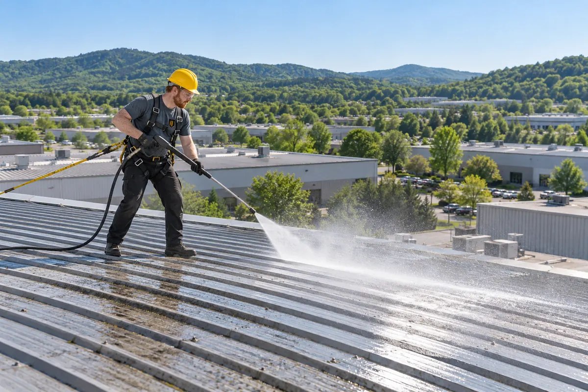 Roofer pressure washing a metal roof before primer goes on