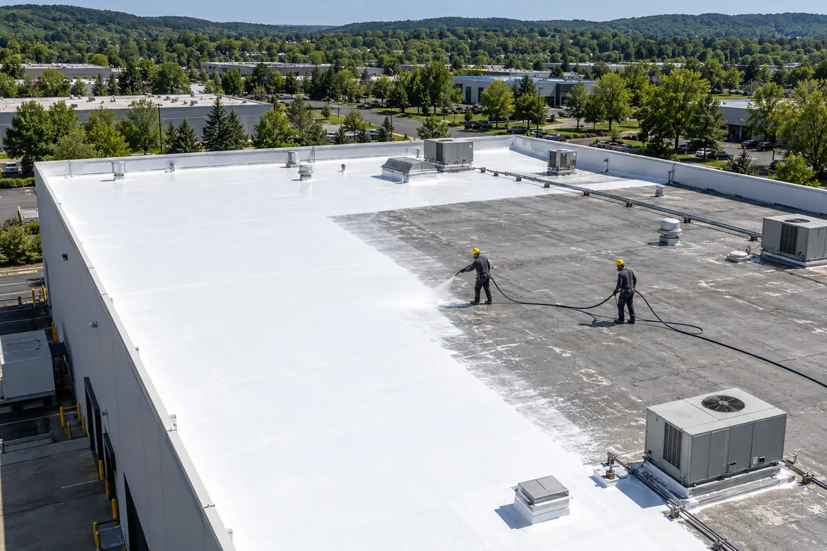 Aerial view of a flat commercial roof half covered in fresh white silicone