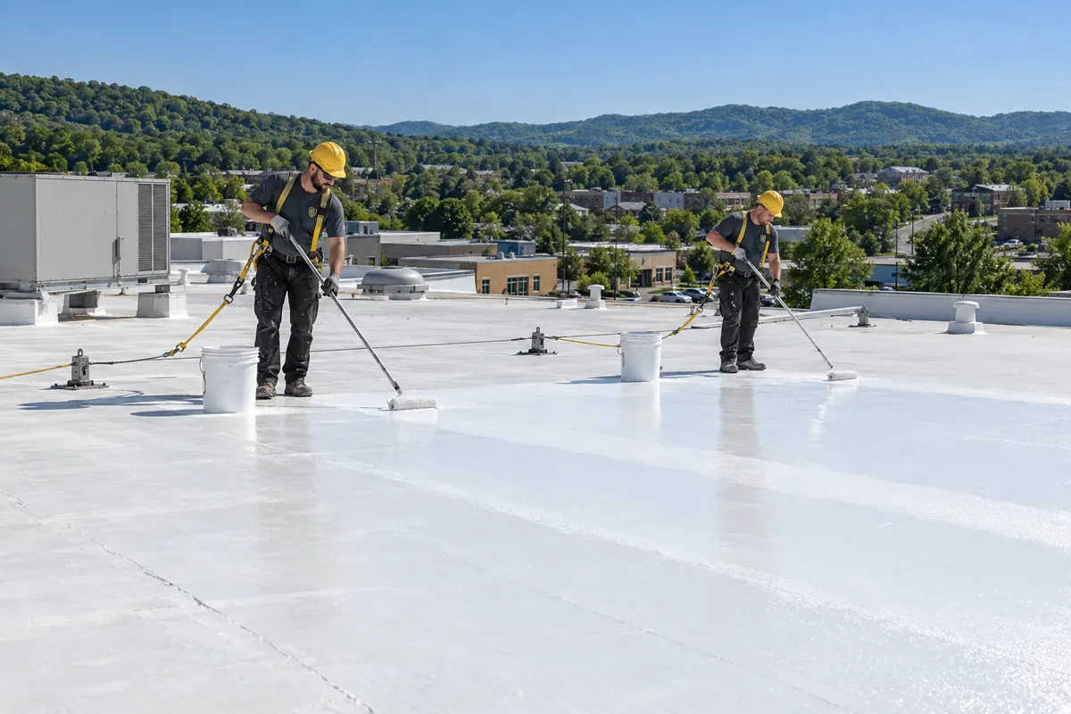 Two roofers rolling white acrylic coating across a low-slope roof