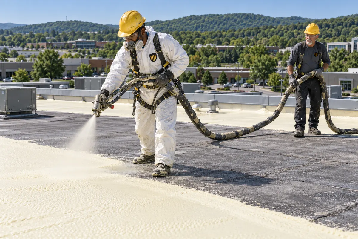 Roofer in a white suit spraying foam over a flat roof deck