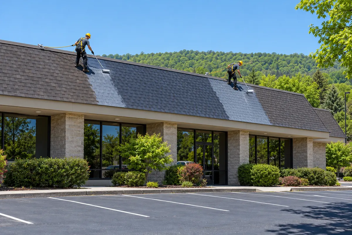 Two roofers coating the shingle roof of a one-story office building