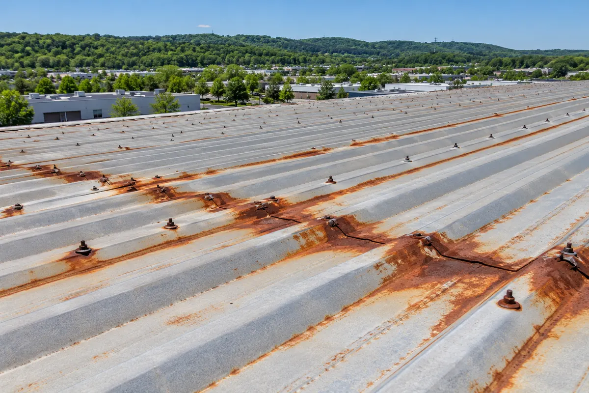 Rust streaks running from fastener rows on an exposed-fastener metal roof